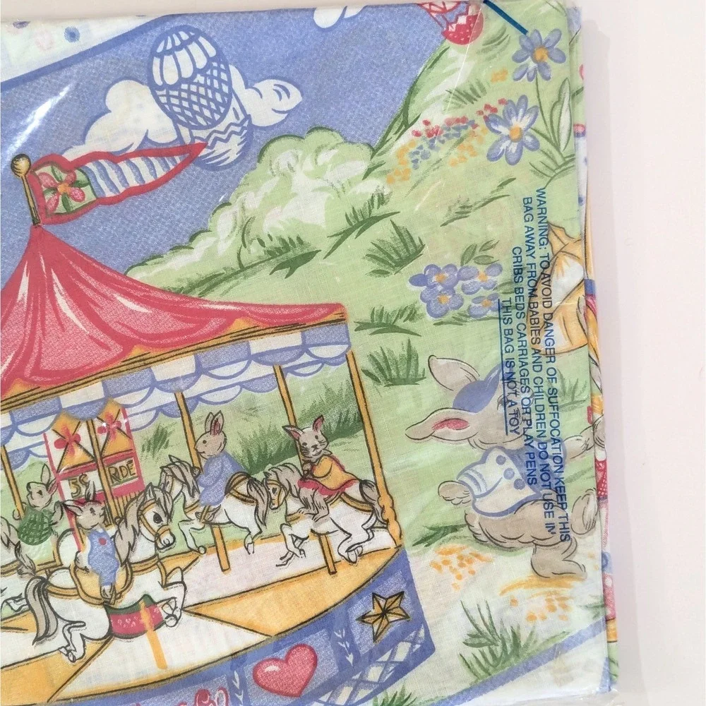 Vtg Easter Tablecloth Carousel Eggs Bunny Merry-Go-Round 70